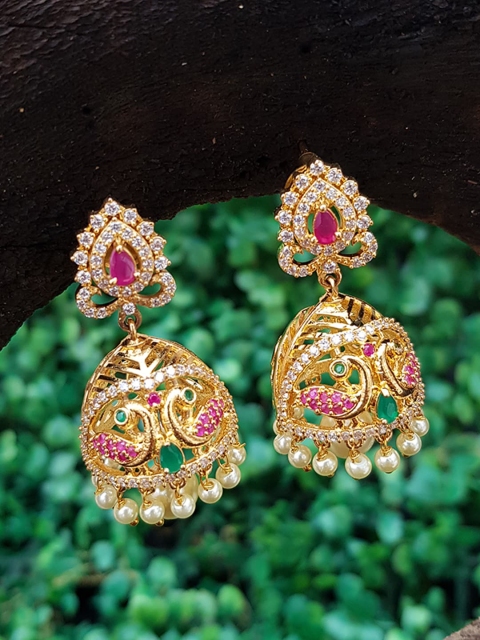 

GRIIHAM Gold-Toned & Multicoloured Contemporary Jhumkas Earrings