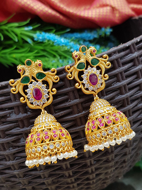

GRIIHAM Red & Gold-Plated American Diamond Studded Contemporary Jhumkas Earrings