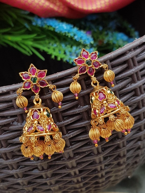 

GRIIHAM Gold-Toned & Multicoloured Contemporary Jhumkas Earrings