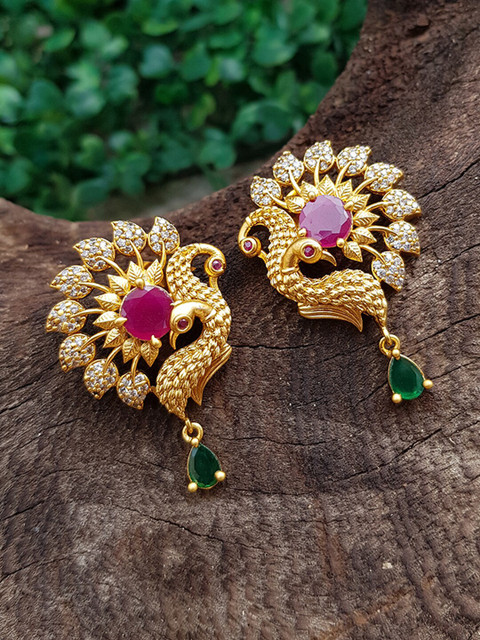 

GRIIHAM Gold-Plated Pink & Green Peacock Shaped Studs Earrings