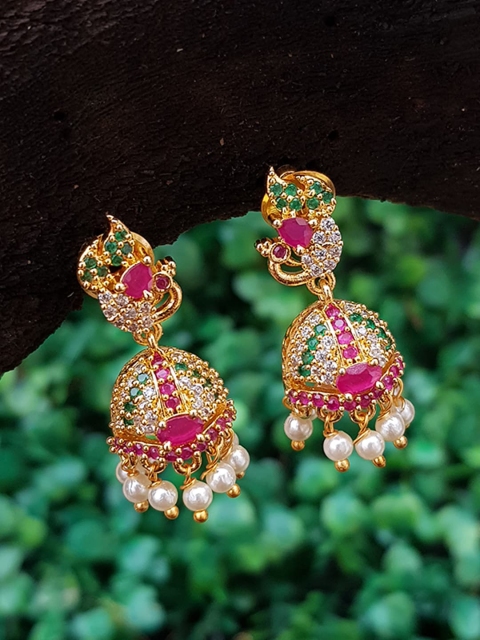 

GRIIHAM Gold-Toned & Multicoloured Contemporary Jhumkas Earrings