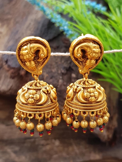GRIIHAM Gold-Plated & Red Peacock Shaped Jhumkas