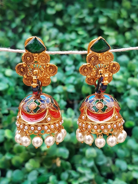 

GRIIHAM Gold-Plated Red & White Peacock Shaped Jhumkas