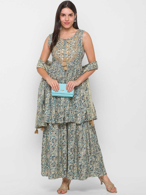 

ZOLA Women Grey Kalmkari Print Kurti with Sharara & Dupatta