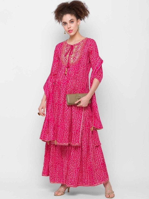 

ZOLA Women Pink Bandhani Print Kurti with Sharara & With Dupatta