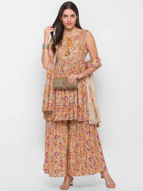 

ZOLA Women Orange Kalamkari Print Kurti with Sharara & With Dupatta