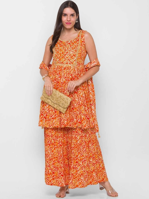 

ZOLA Women Orange Kalamkari Print Kurti with Sharara & With Dupatta