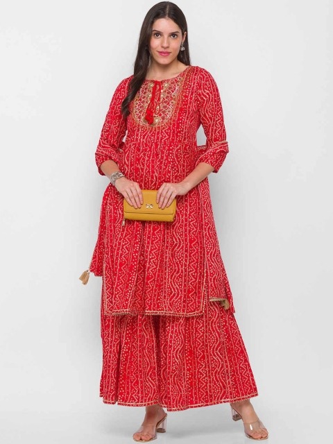 

ZOLA Women Red Bandhani Print Kurti with Sharara & With Dupatta