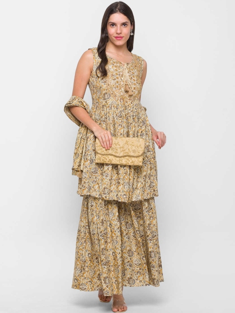 

ZOLA Women Beige Kalmkari Print Kurti with Sharara & Dupatta