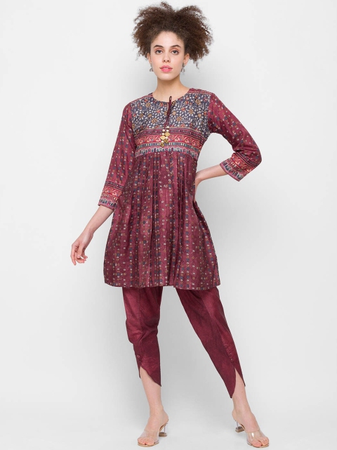 

ZOLA Women Brown Ethnic Motifs Printed Pleated Kurti with Tulip Pants