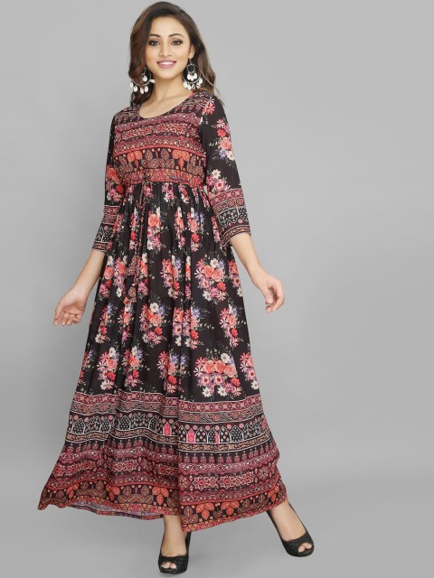 

ZRI Women Black Ethnic Motifs Printed Flared Sleeves Floral Anarkali Kurta