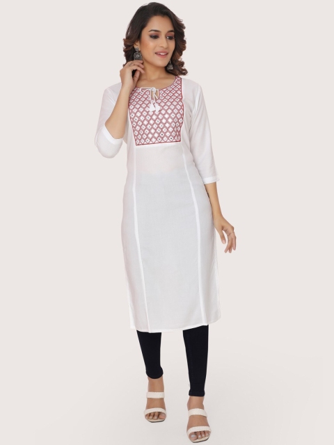 

ZRI Women White Yoke Design Thread Work Floral Kurta