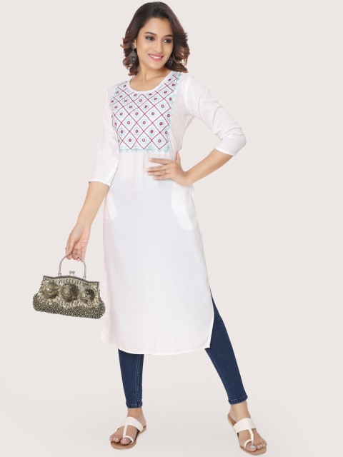 

ZRI Women White Embroidered Mirror Work Floral Kurta
