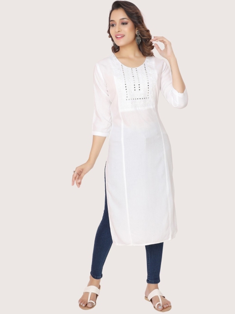 ZRI Women White Embroidered Kurta