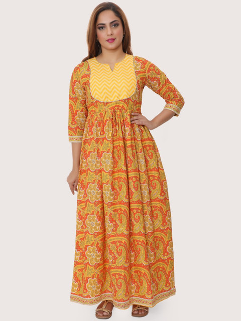 

ZRI Women Yellow Ethnic Motifs Printed Mirror Work Floral Anarkali Kurta