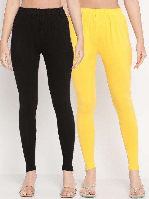 

TAG 7 Women Pack Of 2 Black & Yellow Solid Ankle-Length Comfort-Fit Leggings