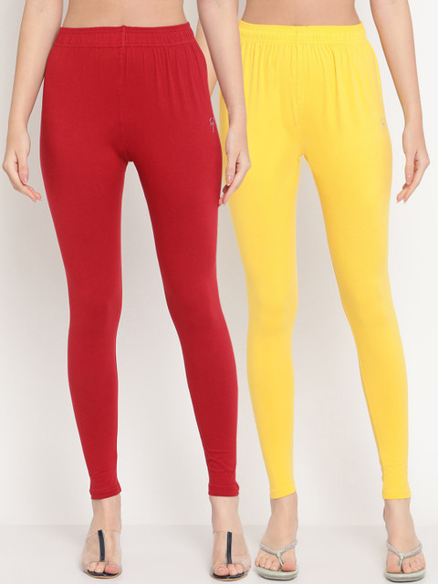

TAG 7 Women Pack Of 2 Maroon & Yellow Solid Comfort-Fit Ankle-Length Leggings