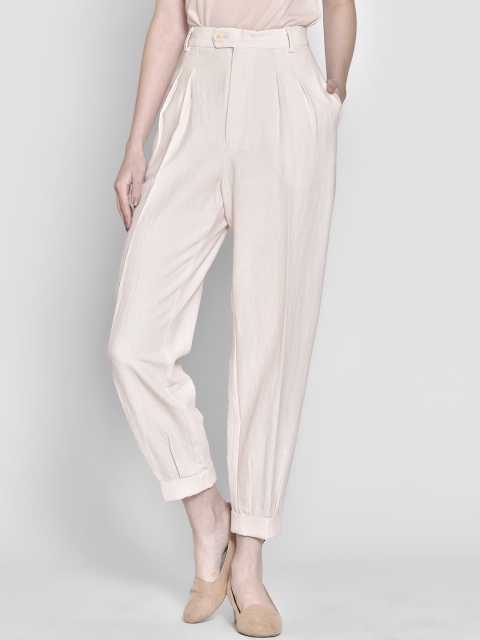 

250 DESIGNS Women Beige Original Easy Wash Pleated Trousers