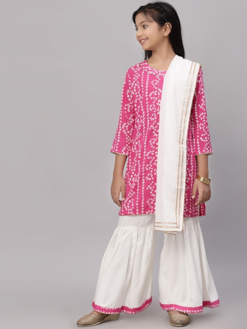 

NISHAB Girls Pink Ethnic Motifs Printed Panelled Kurta with Sharara & With Dupatta