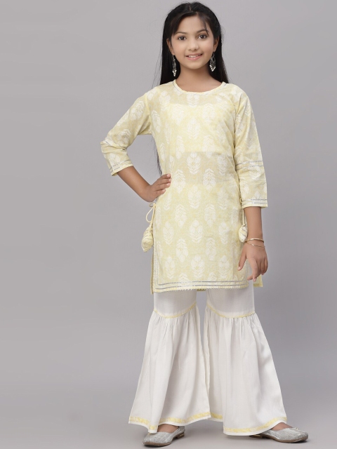 

NISHAB Girls Yellow Floral Embroidered Angrakha Pure Cotton Kurti with Sharara
