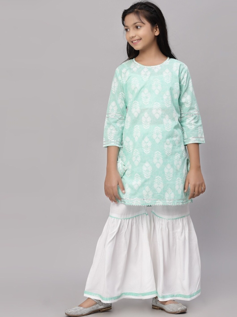 

NISHAB Girls Green Ethnic Motifs Embroidered Angrakha Pure Cotton Kurti with Sharara & With Dupatta
