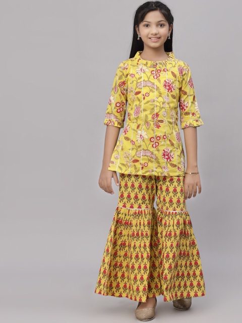 

NISHAB Girls Yellow Floral Printed Pure Cotton Kurti with Sharara