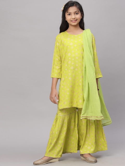 

NISHAB Girls Green Ethnic Motifs Pleated Kurti with Sharara & With Dupatta