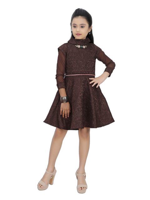 

Tiny Girl Coffee Brown Self Design Fit & Flare Dress