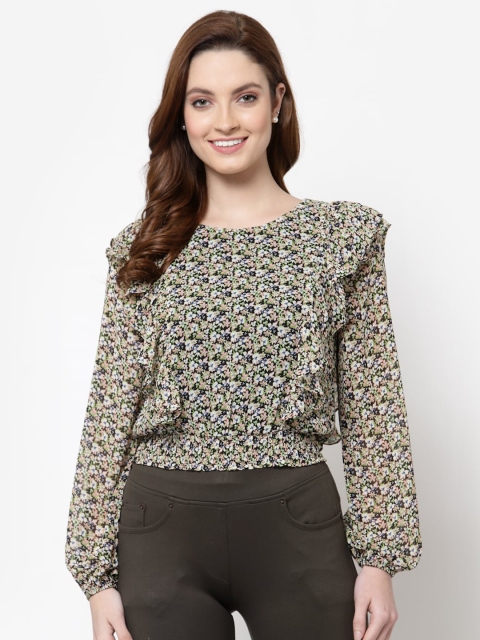 

Mafadeny Green Floral Print Georgette Crop Top