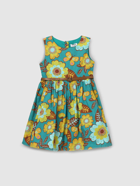 

max Girls Green Floral Printed Cotton Dress