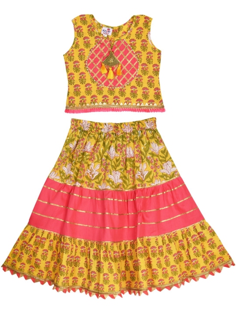 

Kinder Kids Girls Yellow & Rose Gold Block Printed Ready to Wear Lehenga & Choli