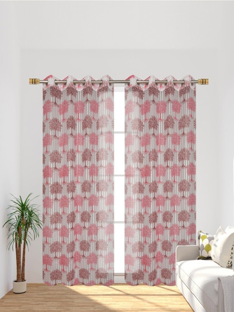 

Molly & Michel White & Maroon Set of 2 Ethnic Motifs Sheer Long Door Curtains
