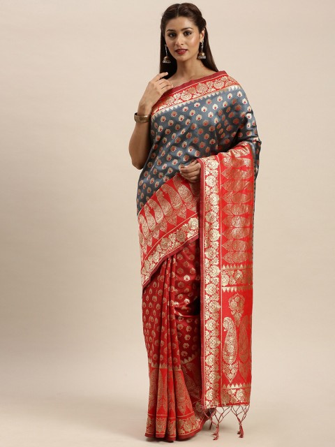 

Mitera Grey & Red Ethnic Motifs Zari Silk Blend Banarasi Saree