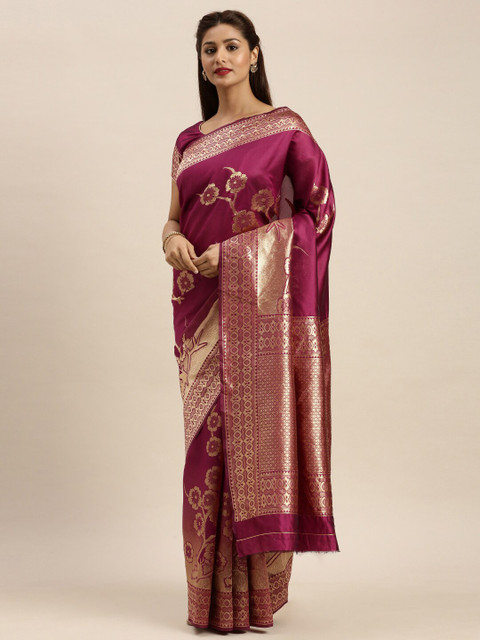

Mitera Burgundy & Gold-Toned Woven Design Zari Silk Blend Banarasi Saree