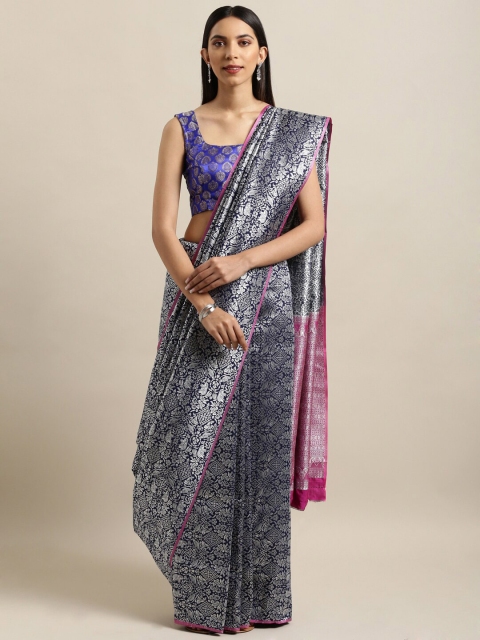 

Mitera Navy Blue & Pink Ethnic Motifs Silk Blend Banarasi Saree