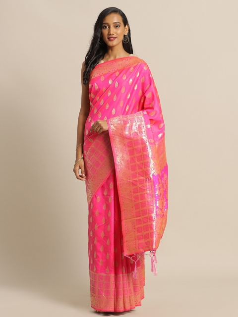 

Mitera Pink & Golden Ethnic Motifs Zari Silk Blend Banarasi Saree