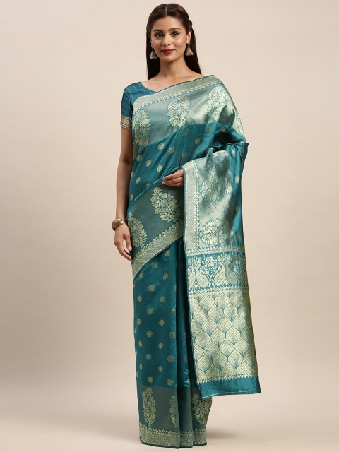 

Mitera Blue & Gold-Toned Ethnic Motifs Zari Silk Blend Banarasi Saree