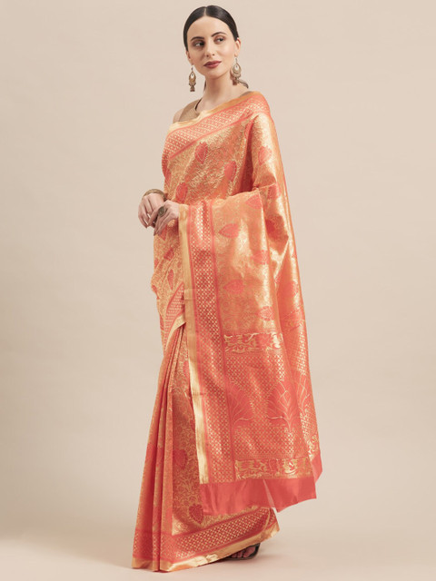 

Mitera Peach-Coloured & Gold-Toned Ethnic Motifs Zari Silk Blend Banarasi Saree