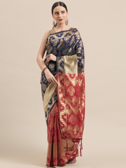 

Mitera Red & Navy Blue Ethnic Motifs Silk Blend Banarasi Saree