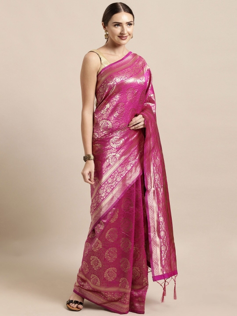 

Mitera Pink & Golden Paisley Zari Silk Blend Banarasi Saree