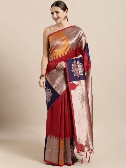 

Mitera Red & Gold-Toned Floral Zari Silk Blend Banarasi Saree