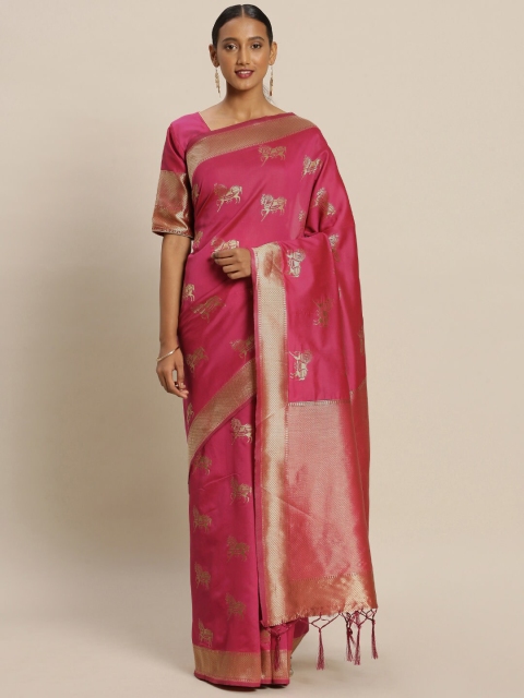 

Mitera Pink & Gold-Toned Woven Design Zari Silk Blend Banarasi Saree