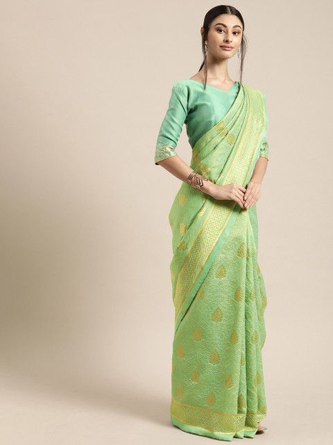 

Mitera Sea Green & Gold-Toned Ethnic Motifs Zari Silk Blend Banarasi Saree