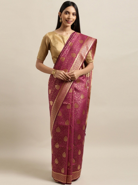 

Mitera Burgundy & Gold-Toned Ethnic Motifs Zari Silk Blend Banarasi Saree