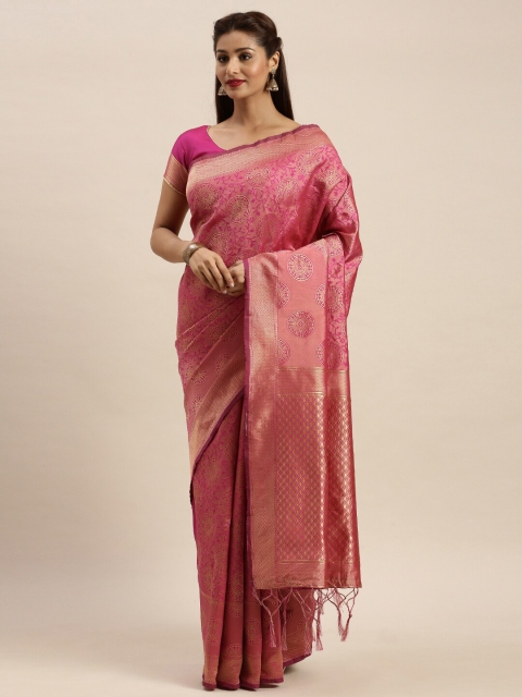 

Mitera Pink & Golden Ethnic Motifs Zari Silk Blend Banarasi Saree