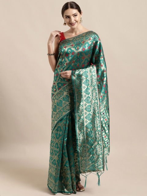 

Mitera Teal Green & Golden Ethnic Motifs Zari Silk Blend Banarasi Saree