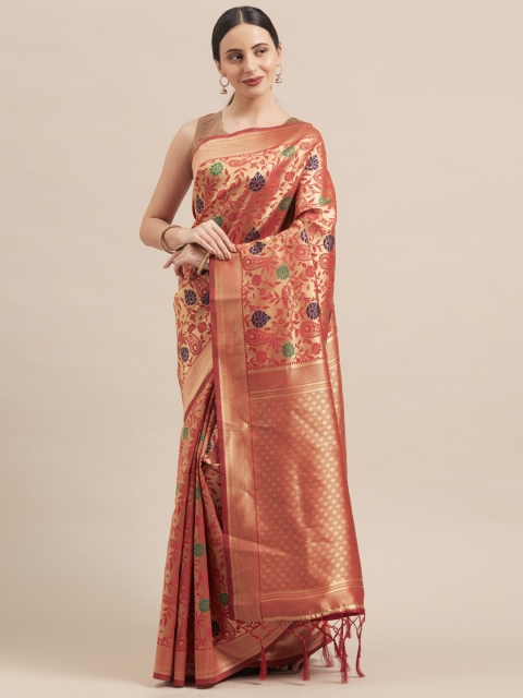 

Mitera Red & Golden Ethnic Motifs Zari Silk Blend Banarasi Saree