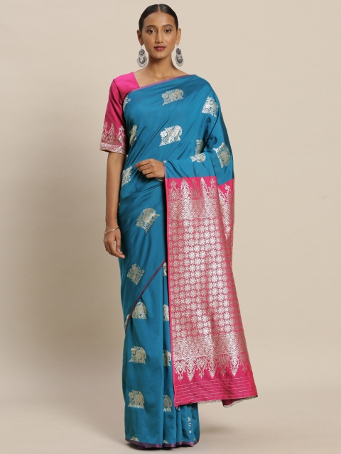 

Mitera Blue & Pink Woven Design Zari Silk Blend Banarasi Saree