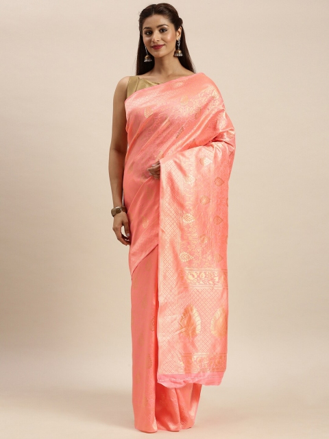 

Mitera Peach-Coloured & Silver Ethnic Motifs Zari Silk Blend Banarasi Saree