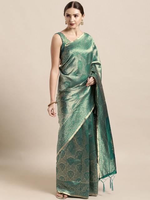 

Mitera Green & Golden Ethnic Motifs Zari Silk Blend Banarasi Saree